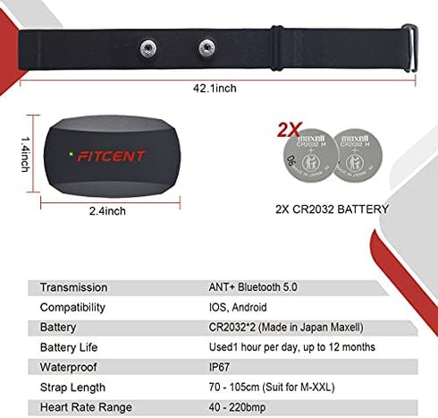 FITCENT Heart Rate Monitor Chest Strap, Bluetooth ANT+ HR Sensor for Peloton Polar Wahoo Zwift DDP Yoga Map My Ride Garmin Sports Watches