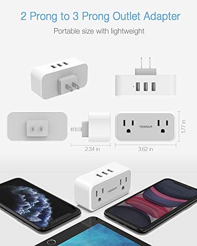 2 Prong to 3 Prong Outlet Adapter, TESSAN US to Japan Plug Adapter with 2 Outlets 3 USB Wall Charger, Travel Power Splitter for USA to Japanese Canada Mexico Philippines Peru, Type A