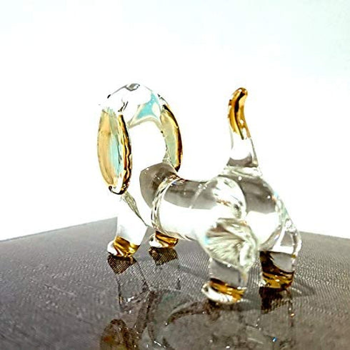 Sansukjai Dachshund Miniature Figurines Dog Animals Hand Blown Glass Art Gold Trim Collectible Gift Decorate (Clear Gold)