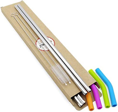Big Drinking Straws Reusable 14.5" Extra Long 8mm Extra Wide Food-Grade 18/8 Stainless Steel Silicone Elbows Tips for Smoothie Milkshake Cocktail Juice Hot Drinks - Set of 4 + 2 Cleaning Brushes