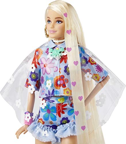 Barbie Dolls and Accessories, Extra Fashion Doll, Long Blonde Hair with Heart Icons and Pet Bunny, Floral Fashion, Toys and Gifts for Kids