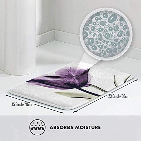 JOEKAORY Bath Mat Elegant Tulip Purple Flower Memory Foam Bath Mats Non Slip Soft Absorbent Bath Rugs Rubber Back Runner Mat for Kitchen Bathroom Floors 15.7" X 23.5", White