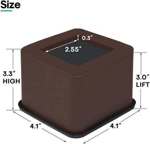 FONDDI 3 Inch Bed and Furniture Risers - Heavy Duty Plastic Lifts for Sofa, Chair, Table, Desk, Couch, Dorm - 4 Pack, Dark Brown