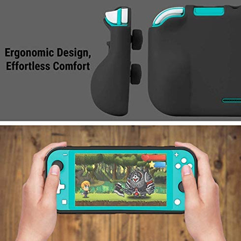 Orzly Grip Case for Nintendo Switch Lite – Case with Comfort Padded Hand Grips, Kickstand, Pack of Thumb Grips - Black