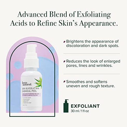 InstaNatural 30% Glycolic Acid AHA BHA Chemical Peel, Glycolic Acid Peel with Vitamin C, Lactic Acid, Hyaluronic Acid and Salicylic Acid, BHA Chemical Exfoliant for Face