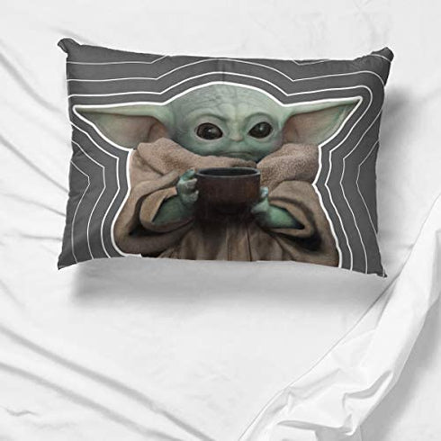 Jay Franco Star Wars The Mandalorian Coffee 1 Pack Pillowcase - Double-Sided Kids Super Soft Bedding - Features The Child Baby Yoda Grogu (Official Star Wars Product)