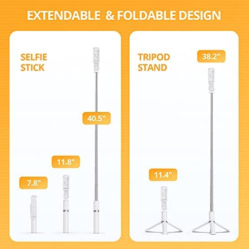 ATUMTEK 40.5" Selfie Stick Tripod, Extendable & Portable Bluetooth Selfie Stick with Remote for iPhone 13/12/12 Pro/11/XS/XR/X/8/7 Plus, Samsung, Huawei, Google, LG, Sony Android Smartphones, White