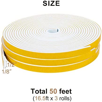 Yotache White Windows Doors Insulation Seal Tape 3 Rolls 1/2 Inch Wide X 1/8 Inch Thick, Adhesive Foam Gasket for Weather Stripping, Cabinet Door Frame, Total 50 Feet Long (3 X 16.5 Ft Each)