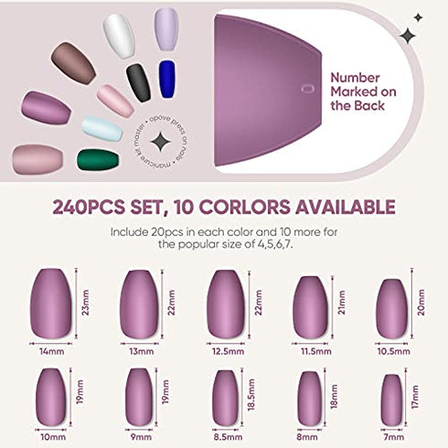 240PCS Press on Nails, OPOVE Short Acrylic Matte Nails Coffin Medium Length, Professional Nail Art Tips Set, Fake Nails with Nail File, Cuticle Stick, Stick on False Artificial Nails with Solid Color