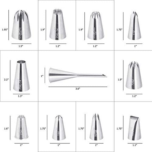 Kasmoire 11 Pcs Extra Large Piping Tip Set,Stainless Steel Cake Decorating Icing Tips Nozzles,Professional Pastry Tips for Cupcake, Cookie and Puff