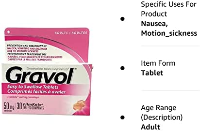 Easy to Swallow GRAVOL (30 Tablets) Antinauseant for Nausea, Vomiting, Dizziness & Motion Sickness
