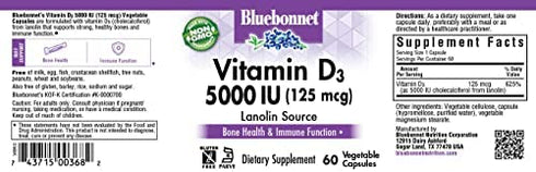 Bluebonnet Nutrition Vitamin D3 5000 IU Vegetable Capsule, Aids in Muscle & Skeletal Growth, Cholecalciferol from Lanolin, D3, Non GMO, Gluten Free, Soy Free, Milk Free, Kosher, 60 Count