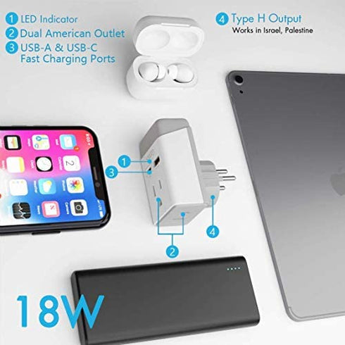 Ceptics Israel Power Adapter, QC 3.0 & PD, Safe Dual USB & USB-C - 2 USA Socket Compact & Powerful - Use in Jerusalem, Holy Land, Palestine, Gaza Strip - Type I AP-14- Fast Charging