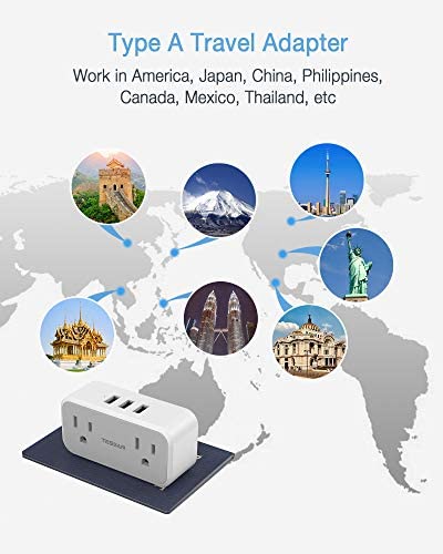 2 Prong to 3 Prong Outlet Adapter, TESSAN US to Japan Plug Adapter with 2 Outlets 3 USB Wall Charger, Travel Power Splitter for USA to Japanese Canada Mexico Philippines Peru, Type A