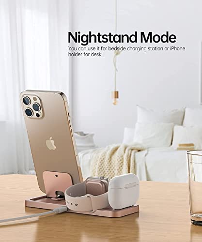 LERCIOR Portable 3 in 1 Charging Station for Apple Devices Foldable Charger Station for Apple Watch 7/6/SE/5/4/3/2/1 Charger Stand, Charging Dock Station for iPhone AirPods Pro 3/2/1 Rose Gold