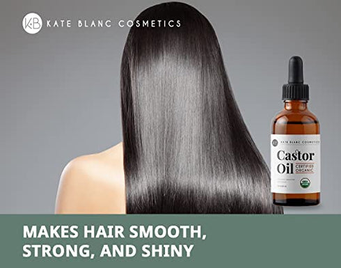Castor Oil (2oz), USDA Certified Organic, 100% Pure, Cold Pressed, Hexane Free by Kate Blanc Cosmetics. Stimulate Growth for Eyelashes, Eyebrows, Hair. Skin Moisturizer & Hair Treatment Starter Kit