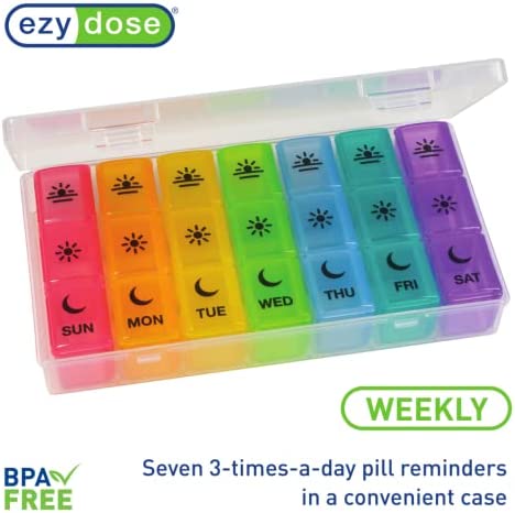 Ezy Dose Weekly (7-Day) Pill Organizer, Vitamin and Medicine Box, X-Large Pop-Out Compartments, 3 Times a Day, Rainbow Lids with Case