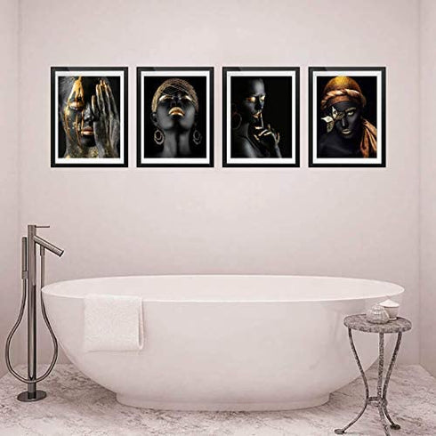 VOUORON African American Fashion Pop Gold Earrings Necklace Black Woman Wall Art Painting Set of 4 (8”X10” Canvas Picture) SPA Bathroom Pretty Girl Room Poster Art Prints Bedroom Home Decor Unframed