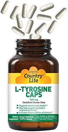 Country Life L-Tyrosine Vegetarian Capsules 500mg with B-6, 100-Vegetarian Capsules