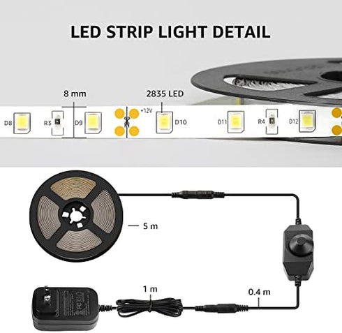 Lepro LED Strip Light White, 16.4ft Dimmable Vanity Lights, 6000K Super Bright LED Tape Lights, 300 LEDs 2835, Strong 3M Adhesive, Suitable for Home, Kitchen, Under Cabinet, Bedroom, Daylight White