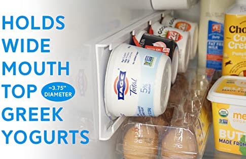 Storage Theory Yogurt Fridge Organizer - Holds up to 4 Wide-Mouth Vegan and Greek Yogurt Cups Each - Peel and Stick Slider Shelf for Small Refrigerator Spaces - 2 pc