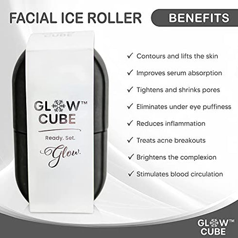 Glow Cube Ice Roller For Face Eyes and Neck To Brighten Skin & Enhance Your Natural Glow/Reusable Facial Treatment to Tighten & Tone Skin & De-Puff The Eye Area (Black)