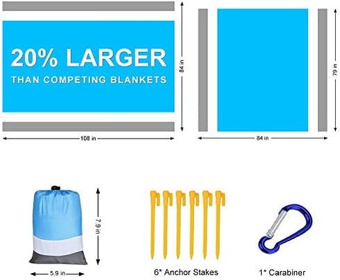Beach Blanket Sand Proof Beach Mat Sand Free Extra Large Oversized for 4-7 Adults Waterproof Big & Compact Sandless Picnic Mat Quick Drying Nylon Lightweight with 6 Stakes & 4 Corner Pocket (7'×6.6')