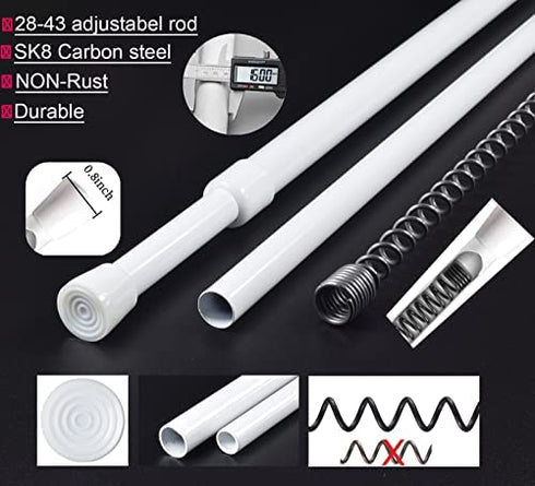 2PCS Spring Tension Curtain Rods 28-43 Inches Adjustable, Small Short Expandable Spring Loaded Curtain Tension Rods, For Window, Bathroom, Cupboard,Kitchen(no drilling,no screws,white)