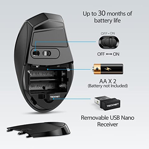 TECKNET Wireless Mouse for Laptop, 2.4G Wireless Computer Mouse with 3200 Adjustable DPI, 30 Months Battery, Ergonomic Grips, 6 Buttons Cordless Mouse, Portable Optical USB Mouse for PC, Laptop, Mac