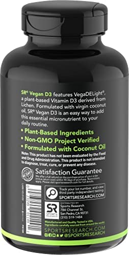 Vegan Vitamin D3 5000iu (125mcg) with Coconut Oil | 100% Plant-Based Vitamin D Supplement for Bone, Joint & Immune Support | Carrageenan Free, Vegan Certified & Non-GMO Verified (60 PlantGels)