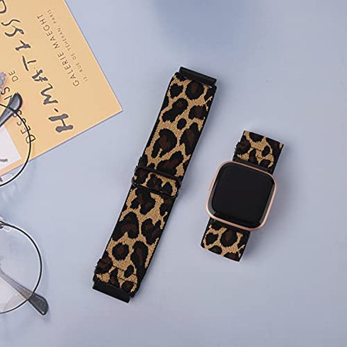 2 Pack Elastic Bands Compatible with Fitbit Versa 2 / Versa/Versa Lite/Versa SE for Women Men, Adjustable Nylon Sport Stretchy Wristband for Fitbit Versa/Versa 2 (Black+Leopard)