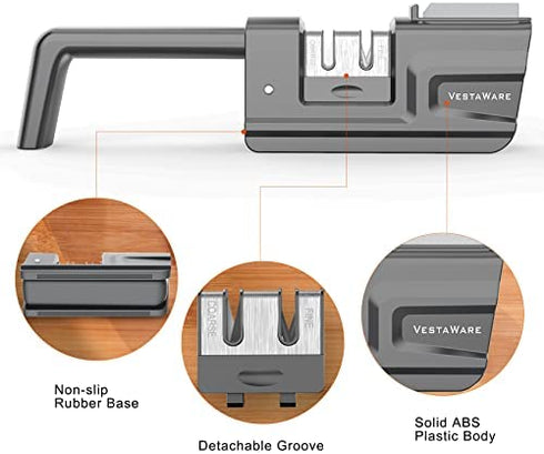 Knife Sharpener, 4-in-1 Foldable Kitchen Knife Sharpener with Sharpening Stone, 3-Stage Non-Serrated Knife & Scissor Sharpener, Quickly Sharpening, Repair/Restore/Polish Blades, Gray