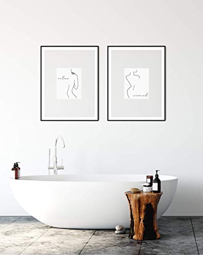 Abstract Minimalist"Relax, Unwind" Wall Decor - Set of 2-8"x10" UNFRAMED Prints - Modern, Minimal, Black And White Line Art - Female Figure Silhouette - Bathroom Wall Decor