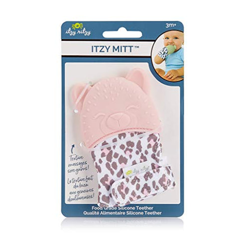 Itzy Ritzy Silicone Teething Mitt - Soothing Infant Teething Mitten with Adjustable Strap, Crinkle Sound & Textured Silicone to Soothe Sore & Swollen Gums, Blush Leopard