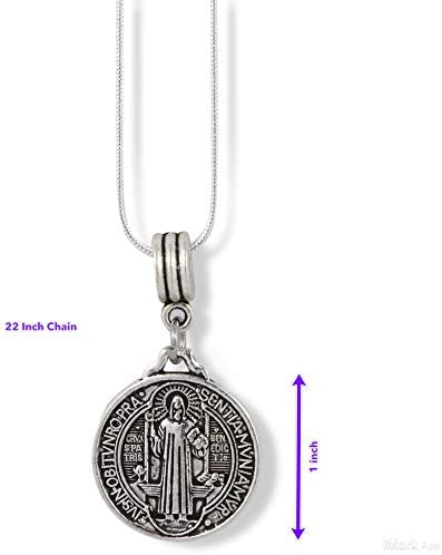 St Benedict Necklace | St Benedict Medals Pendant on a 22 inch Silver Plated Snake Chain Medallas de Hombre Gift for Men or Women Medalla de San Benito Saint Benedict Necklace of Protection