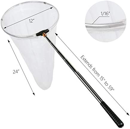 RESTCLOUD Insect and Butterfly Net with 12" Ring, 24" Net Depth, Handle Extends to 59 Inches for Adults and Kids (12" Ring, 59" Handle)
