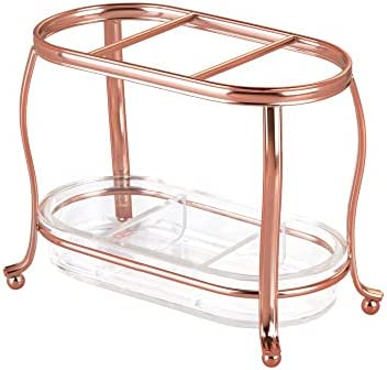 mDesign Decorative Makeup Brush Storage Organizer Tray Stand for Bathroom Vanity Counter Tops, Dressing Tables, Cosmetic Stations - 3 Sections with Removable Bottom Tray - Rose Gold/Clear