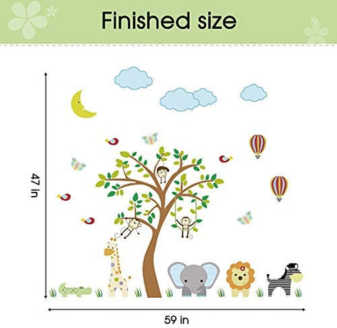 Supzone Jungle Animal Wall Stickers Monkey Tree Wall Decals Elephant Giraffe Zebra Vinyl Forest Animal Wall Stickers DIY Removable Home Decoration Baby Nursery Girl Boy Kids Room Wall Decor