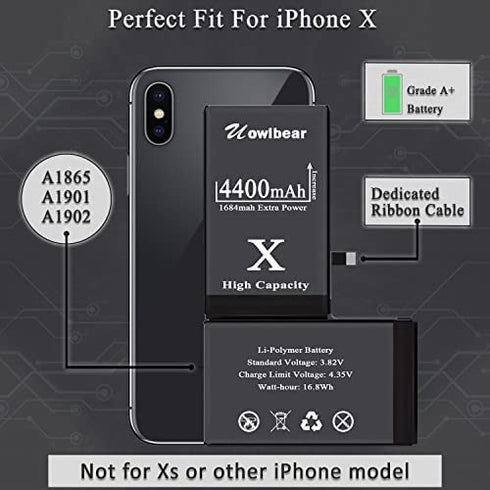 uowlbear Battery for iPhone X, 4400mAh Rechargeable Battery for A1865 A1901 A1902 with Complete Replacement Kits, 2 Set Adhesive Strips and Seal -0 Cycle High Capacity
