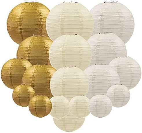 UNIQOOO 18PCS Metallic Gold Christmas Paper Lantern Set, Assorted Hanging Gold Japanese Paper Lantern Wedding Decoration, Reusable Easy Assemble, For New Year Birthday Baby Shower Party Favor Supplies