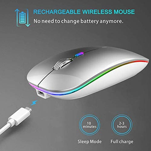 TENMOS Wireless Bluetooth Mouse, LED Slim Dual Mode (Bluetooth 5.1 + USB) 2.4GHz Rechargeable Silent Bluetooth Wireless Mouse with Type C Adapter for Laptop/MacBook/iPad OS 13 and Above (Silver)