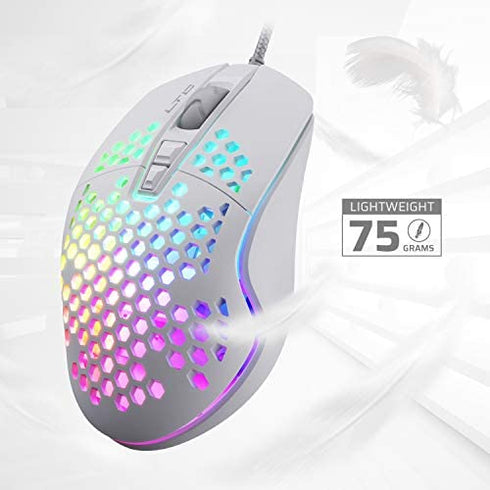 LTC Circle Pit HM-001 RGB Gaming Mouse with Lightweight Honeycomb Shell, Adjusted 6400DPI, 6 Programmable Buttons (White)