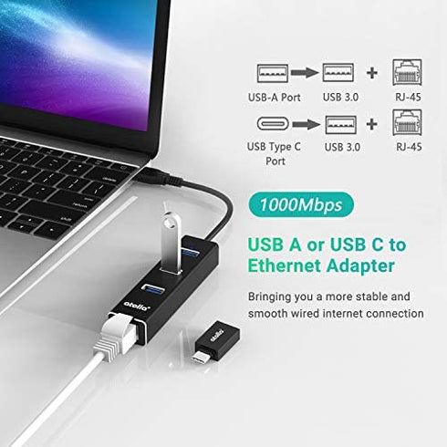 USB 3.0 Hub Ethernet with USB C Adapter, 3 Port USB 3.0 Splitter Gigabit Ethernet Hub + USB C HUB Network RJ45 1000Mbps USB Extender