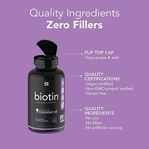 Sports Research Extra Strength Vegan Biotin (Vitamin B) Supplement with Organic Coconut Oil - Supports Keratin for Healthier Hair & Skin - Great for Women & Men - 5,000mcg, 30 Veggie Softgel Capsules