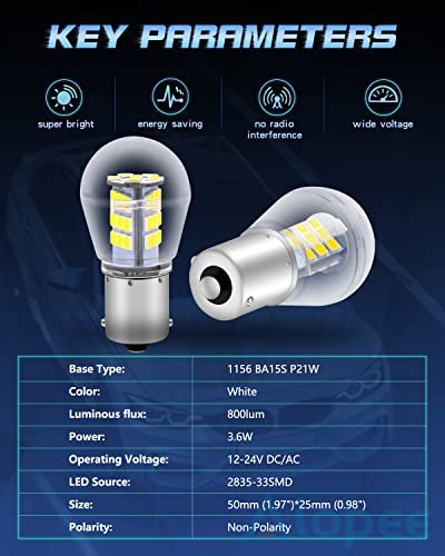ALOPEE-9V-30V DC 1156 LED Bulb White Super Bright 1156 Bulb Replacement for 20-99 1383 1139 1141 1003 LED Reverse Lights Backup Lights RV Camper Light Bulbs, 33PCS 2835 Chips, Non Polarity, Pack of 2