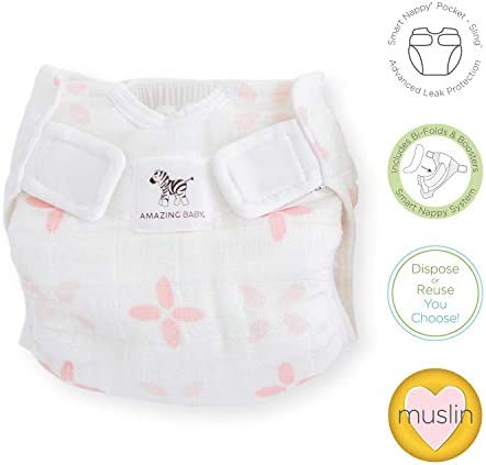 SmartNappy Cotton Muslin by Amazing Baby, NextGen Hybrid Cloth Diaper Cover + 1 Bi-fold Reusable Insert + 1 Reusable Booster, Springfield, Pink, Size 1, 5-10 lbs