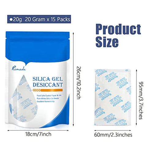 15 Pcs 20 Gram Silica Gel Packs, Transparent Desiccant, Desiccant Packets for Storage, Moisture Packs for Spices Jewelry Shoes Boxes Electronics Storage, Food Safe
