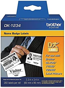 Brother Genuine DK-1234 Die-Cut Adhesive Name Badge White Paper Labels for Brother QL Label Printers, 2.3" x 3.4" (60mm x 86mm), 260 Labels per Roll, DK1234