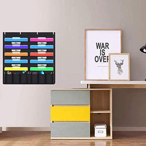 Hanging File Holder Organizer Rack, 10+10 Pocket Chart File Folders, Wall Mount, 10 Tier Folder Frame Hang Desk File, Calendar, Expanding File, Home Decor Shelf Bathroom, Rustic Bedroom, Board, Black