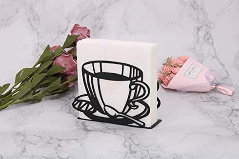 Paper Napkin Holder Stand for Kitchen Tables and Counter Tops | Black Galvanized Napkin Caddy | Coffee House Restaurant Décor (Coffee Cup)